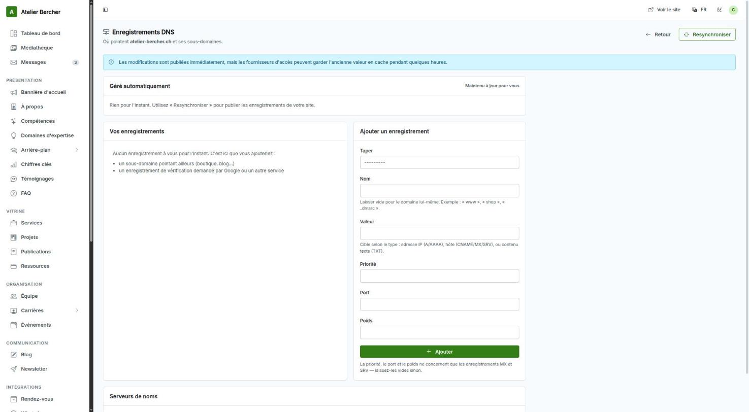 The DNS records screen: an automatically managed section, your own records, and a form to add one.